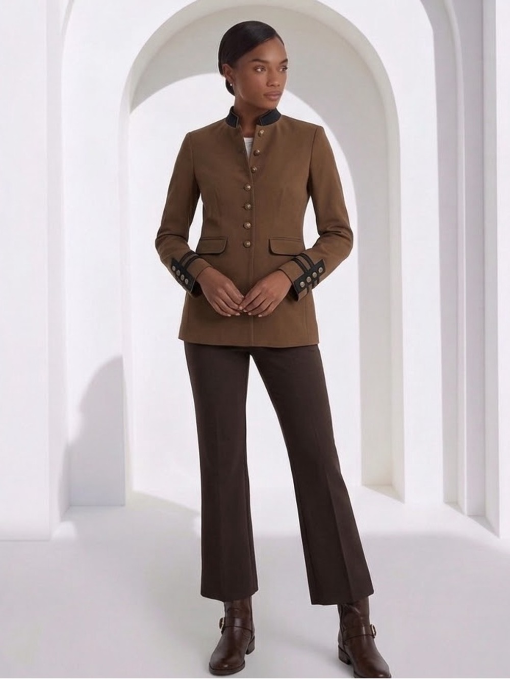 NWT NINE WEST Bi-Stretch Piped Button-Front Military Blazer Brown Jacket Size 2